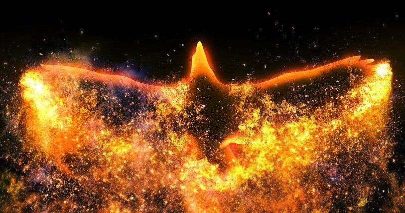 A molten bird shape rises from fiery embers, against a dark background