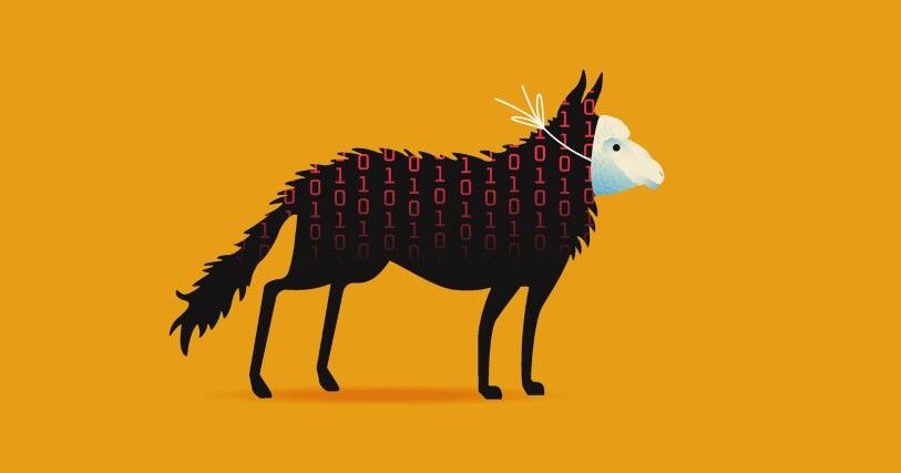 A white sheep's face peeks out from a brown wolf costume against an orange background