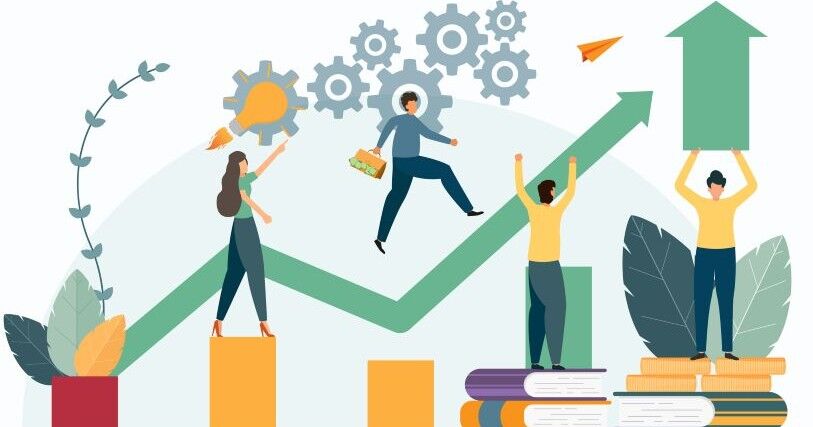 Four animated workers ascend a green arrow. Icons of leaves and a vine indicate growth, while gears, a light bulb, and books represent learning.