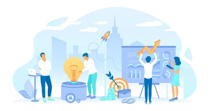 Animated figures dressed in blue, white, and aqua work against a background of blue buildings, with icons of a rocket, a target, a light bulb, and a progress chart indicating constantly renewing expertise.