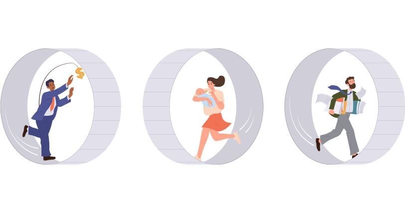 Cartoon people run inside hamster wheels; one reaches for a dollar sign; another holds a baby; the third is carrying stacks of books and papers.