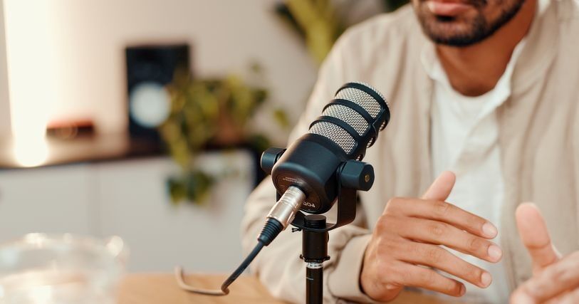 A bearded man, seen from the chin down, speaks into a large black microphone.