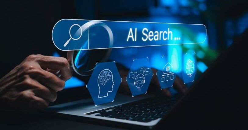 Against a blue background, a hand with a magnifying glass and a bubble reading AI Search hover over a row of icons symbolizing thinking, listening, and sorting