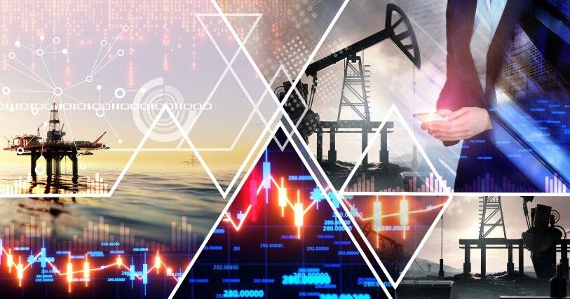 Images of data screens are superimposed on images of oil wells and oil drilling platforms