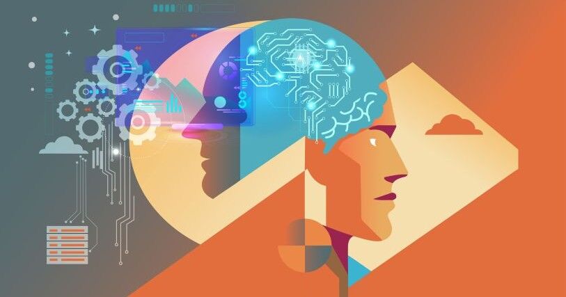 A janus head looks gear and other symbols representing AI, one head looking backward and the other toward the future