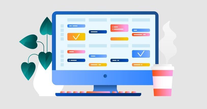An animated computer screen shows a list of tasks with many checked off as complete