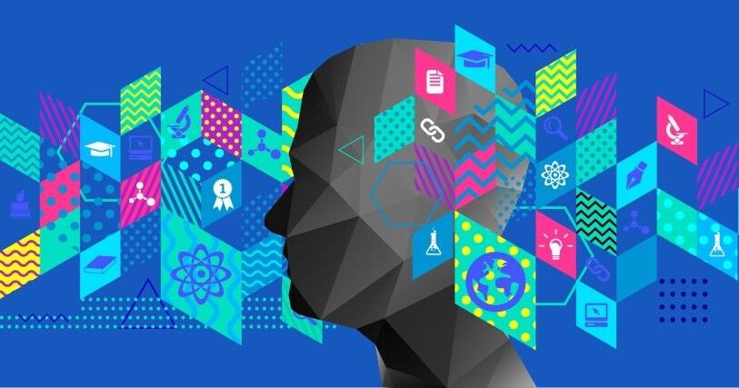A graphic gray human head against a blue background with a patchwork of colorful icons representing different areas of learning