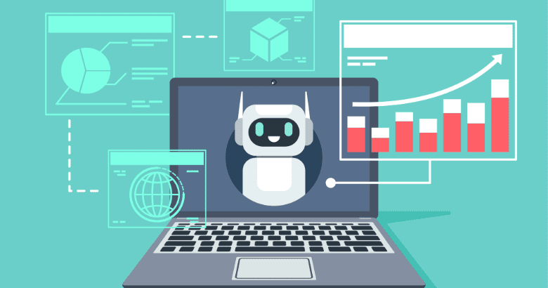 Picture of a laptop with a little ai robot and graphs