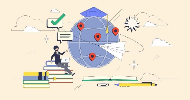 A drawing of a globe surrounded with eLearning icons and a bearded cartoon man with a laptop, sitting on a pile of books.