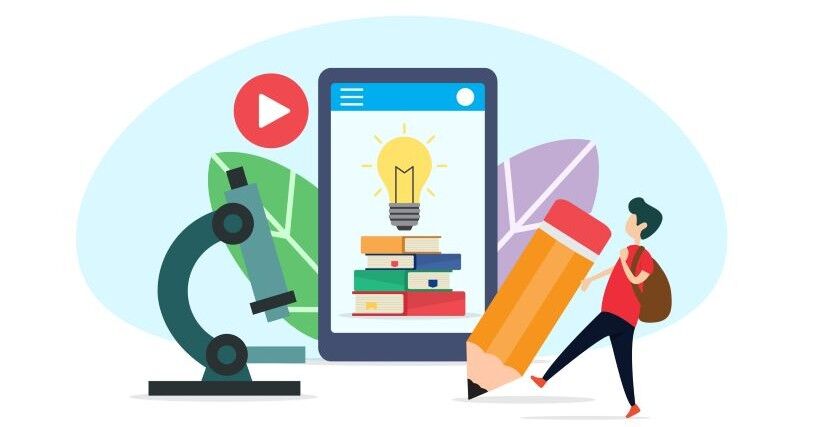 An illustration of a smartphone is superimposed on a microscope, a learner with a backpack and pencil, and a play button