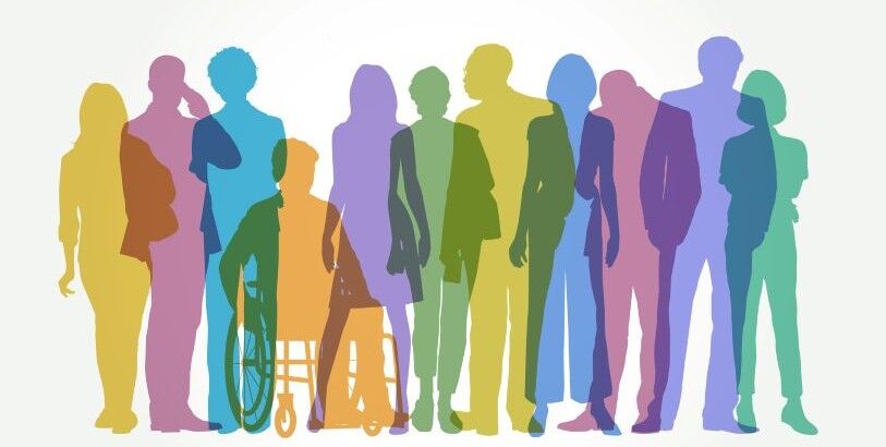 A rainbow-hued group of people with different body shapes and hair styles stands in a close group; one uses a wheelchair