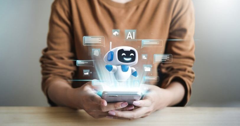 An animated chatbot pops out of a person's phone screen with icons and text bubbles signifying the person's questions