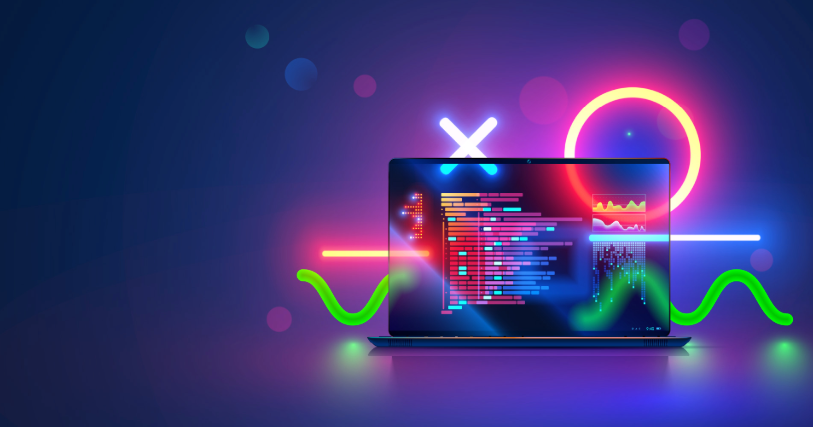Open laptop with neon squiggles