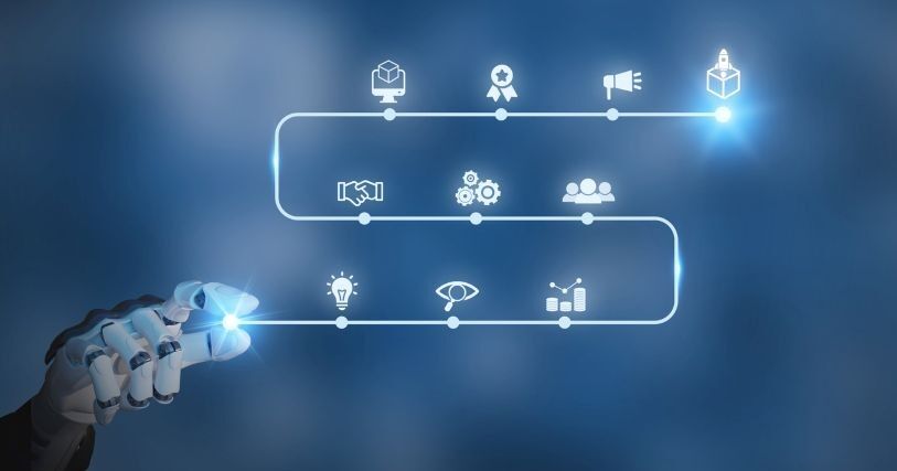 Against a blue background, a robotic hand points to a string of icons, which represent the people, tools, and governance needed to roll out AI integration successfully
