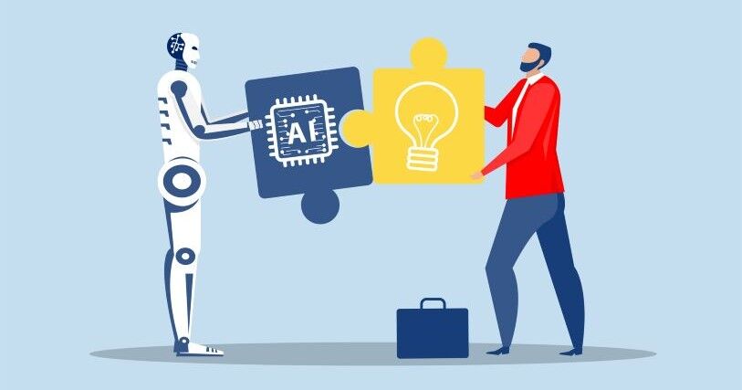 A white robot and a man dressed in red and blue collaborate to fit puzzle pieces, representing AI and human creativity, together.