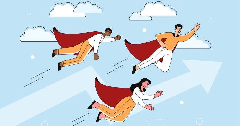 3 red-caped team members, wearing tan and white, fly against a blue background where white clouds float. One is a dark-haired woman; two are dark-haired men.