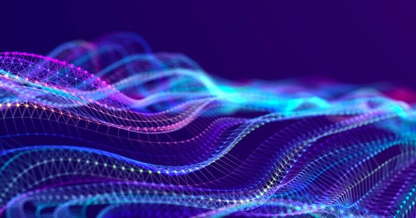 Blue and purple electronic waves flow across the screen
