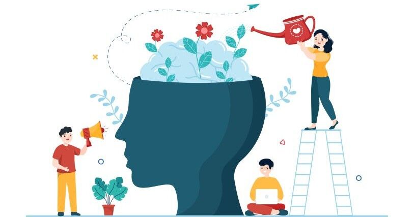 Animated figures water flowers sprouting from a large head while other figures learn from a computer and speak through a megaphone